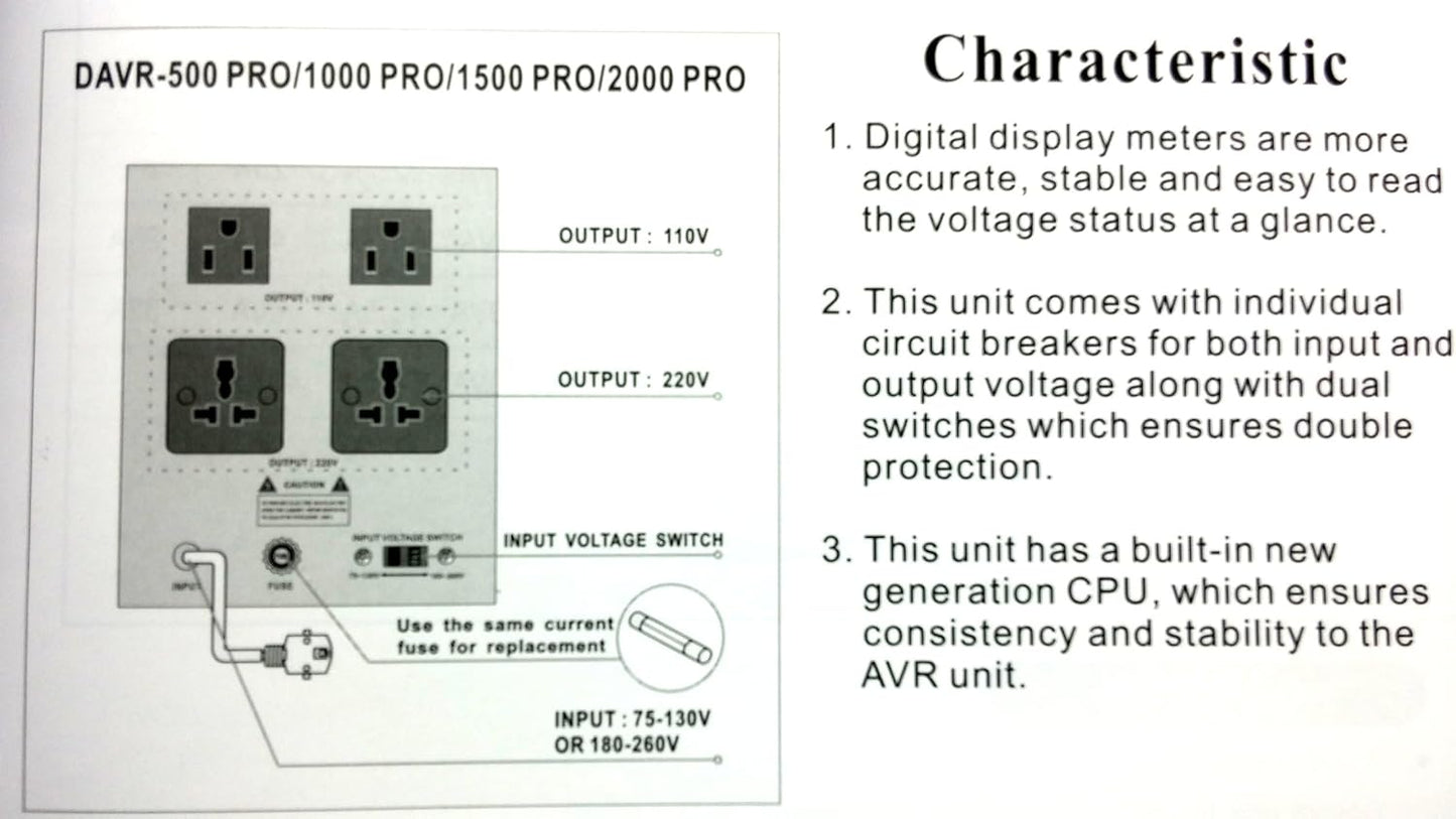 Norstar DAVR-1500 1500 Watt 110/120 to 220/240 or 220/240 to 110/120 Step UP and Down Voltage transformer and Automatic Voltage Regulator Stabilizer