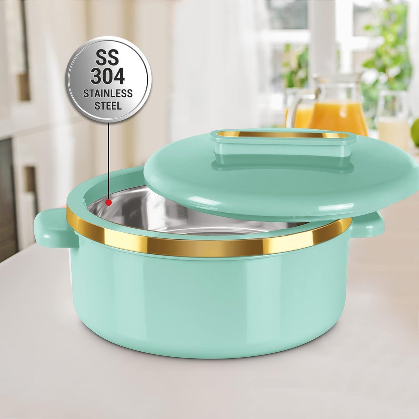 Milton Curve Regular Inner Stainless Steel Casserole Set of 3 (840 ml, 1300 ml, 1880 ml), Light Green | BPA Free | Food Grade | Easy to Carry | Easy to Store | Chapati | Roti | Curd Maker