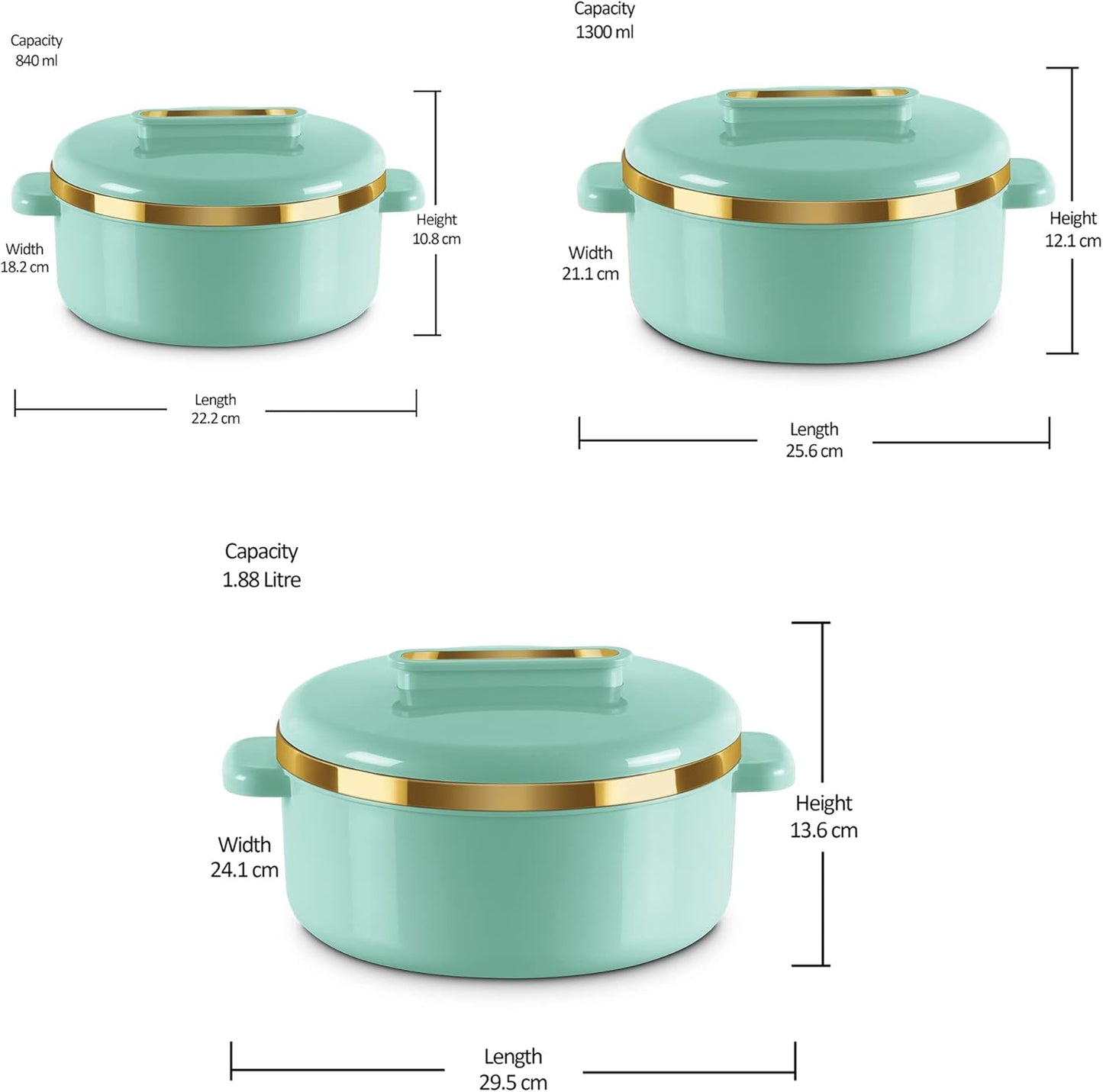 Milton Curve Regular Inner Stainless Steel Casserole Set of 3 (840 ml, 1300 ml, 1880 ml), Light Green | BPA Free | Food Grade | Easy to Carry | Easy to Store | Chapati | Roti | Curd Maker