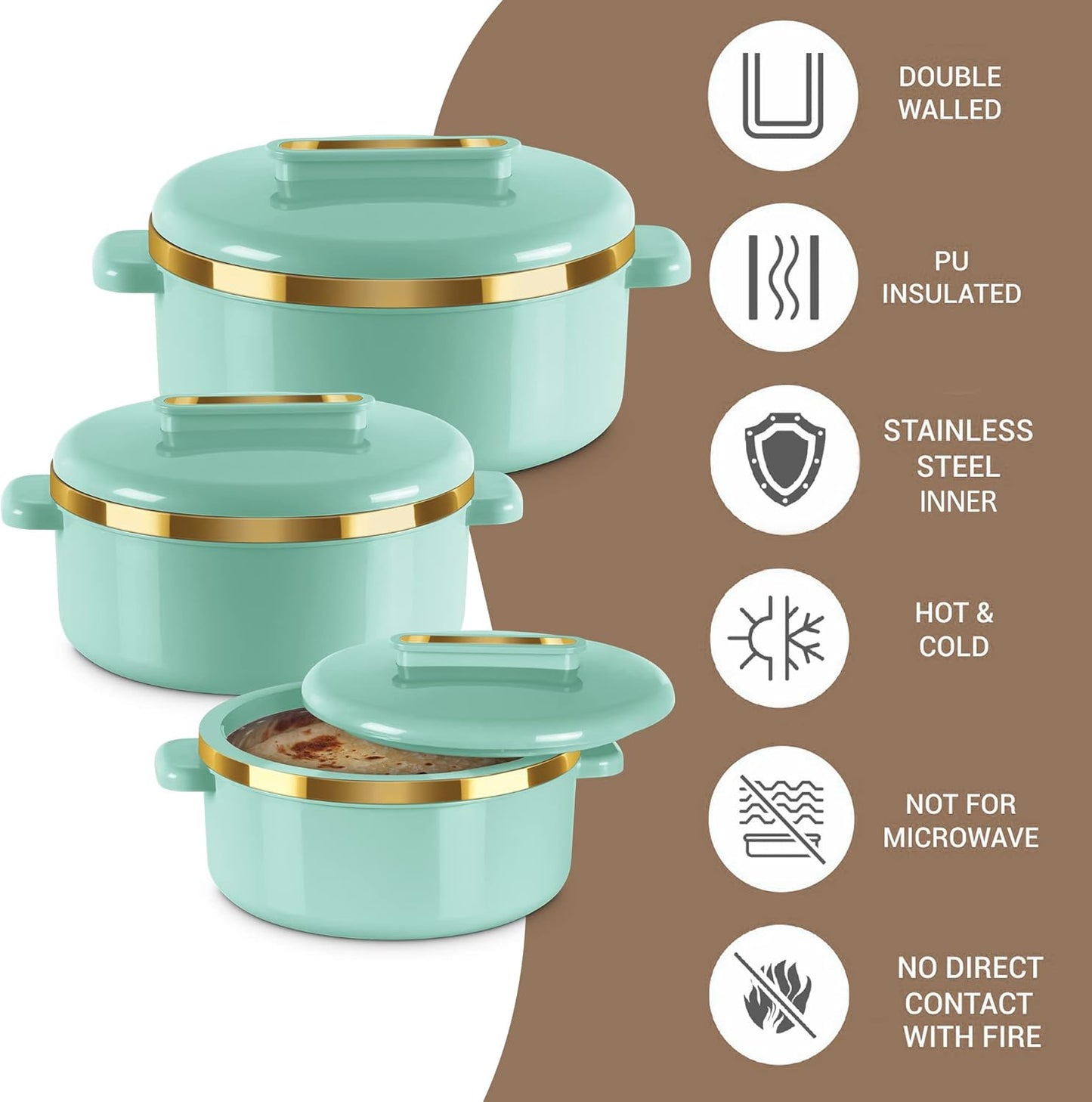 Milton Curve Regular Inner Stainless Steel Casserole Set of 3 (840 ml, 1300 ml, 1880 ml), Light Green | BPA Free | Food Grade | Easy to Carry | Easy to Store | Chapati | Roti | Curd Maker