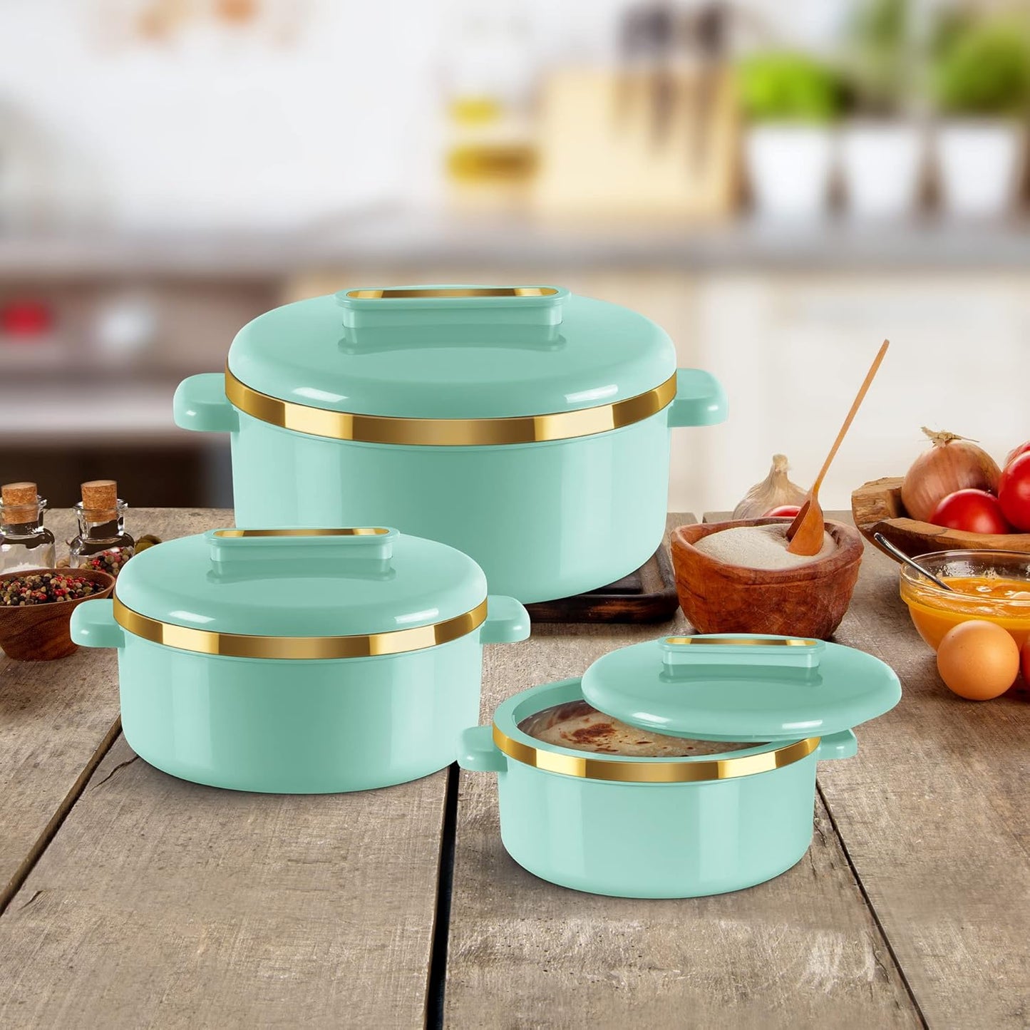 Milton Curve Regular Inner Stainless Steel Casserole Set of 3 (840 ml, 1300 ml, 1880 ml), Light Green | BPA Free | Food Grade | Easy to Carry | Easy to Store | Chapati | Roti | Curd Maker