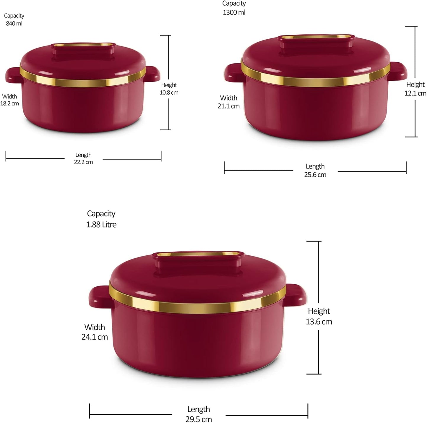 Milton Curve Regular Inner Stainless Steel Casserole Set of 3 (840 ml, 1300 ml, 1880 ml), Maroon | BPA Free | Food Grade | Easy to Carry | Easy to Store | Chapati | Roti | Curd Maker