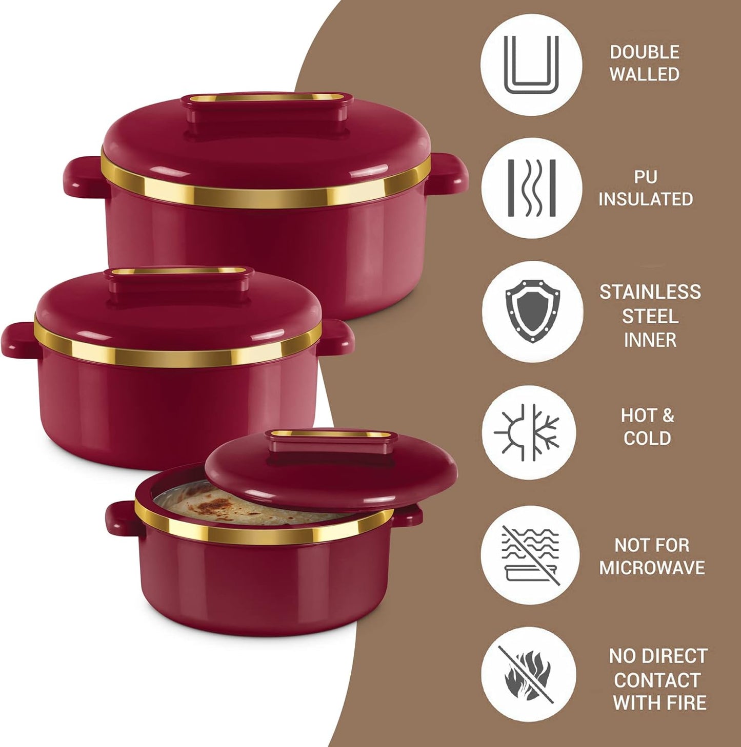 Milton Curve Regular Inner Stainless Steel Casserole Set of 3 (840 ml, 1300 ml, 1880 ml), Maroon | BPA Free | Food Grade | Easy to Carry | Easy to Store | Chapati | Roti | Curd Maker