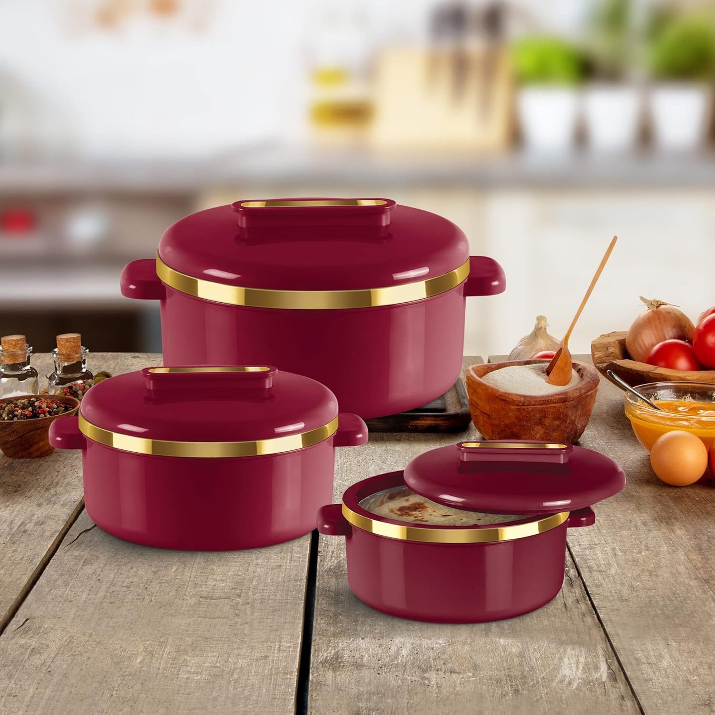 Milton Curve Regular Inner Stainless Steel Casserole Set of 3 (840 ml, 1300 ml, 1880 ml), Maroon | BPA Free | Food Grade | Easy to Carry | Easy to Store | Chapati | Roti | Curd Maker