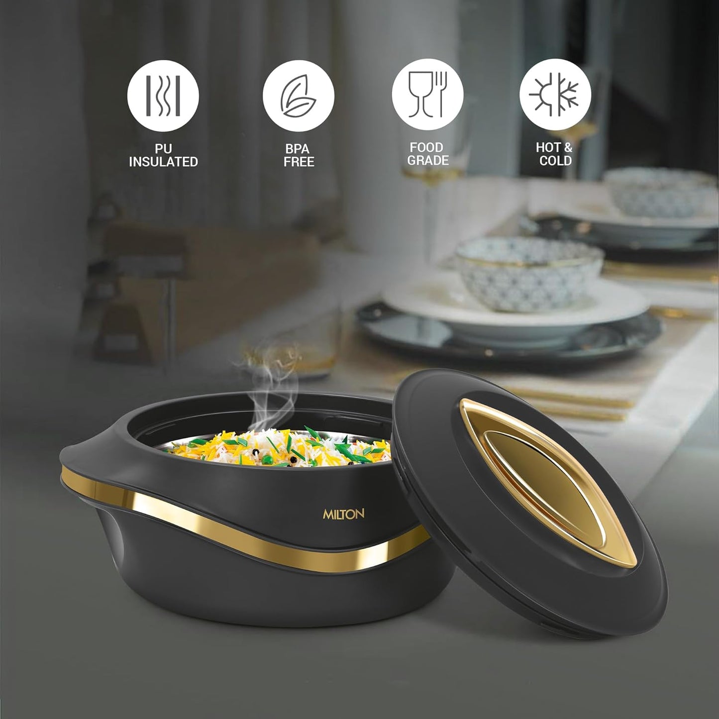 MILTON Pearl Inner Stainless Steel Regular Set of 3 (1000 ml, 1500 ml,2000 Litre), Black | BPA Free | Food Grade | Easy to Carry | Easy to Store | Chapati | Roti | Curd Maker
