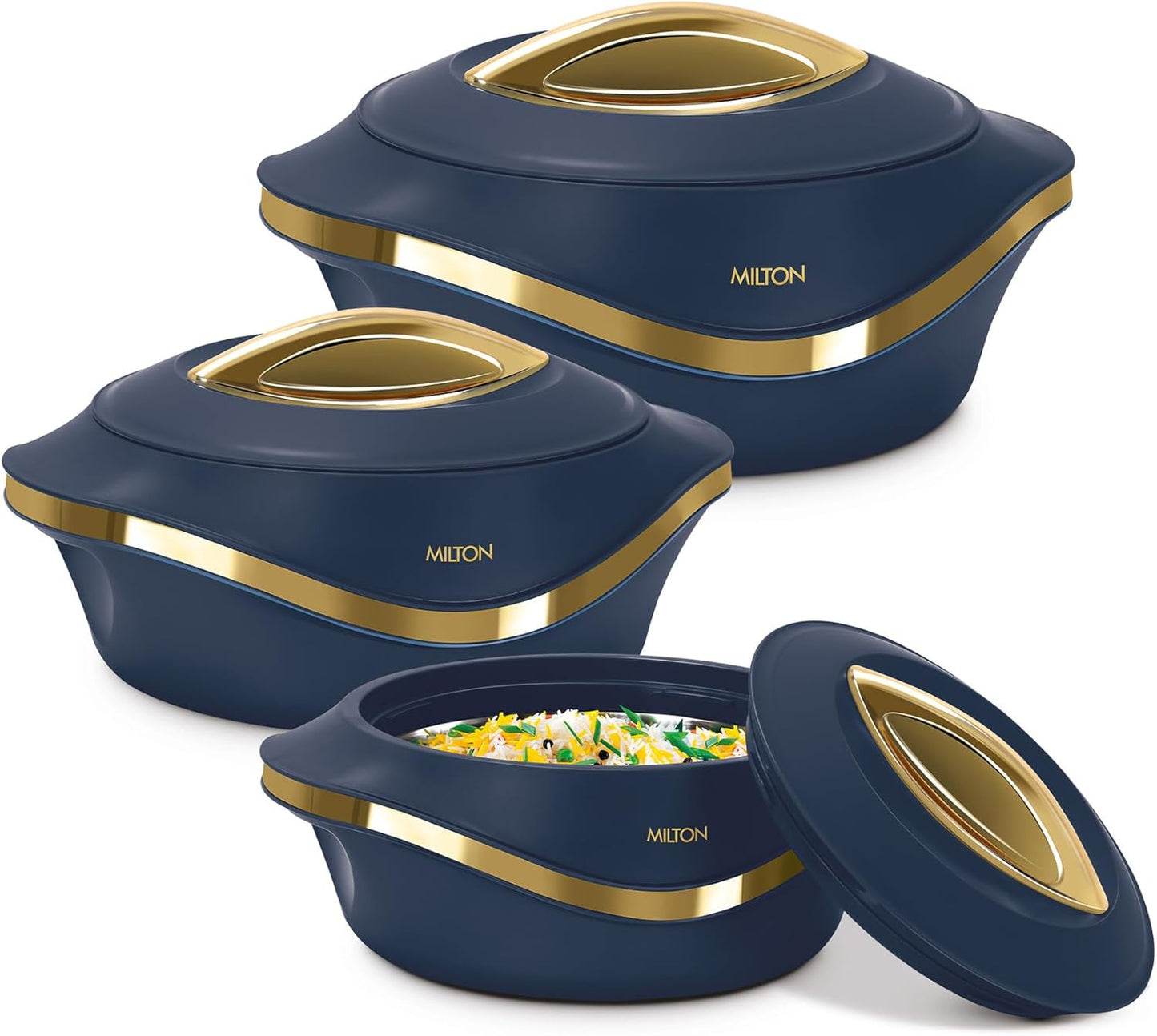 MILTON Pearl Inner Stainless Steel Regular Set of 3 (1000 ml, 1500 ml,2000 Litre), Black | BPA Free | Food Grade | Easy to Carry | Easy to Store | Chapati | Roti | Curd Maker