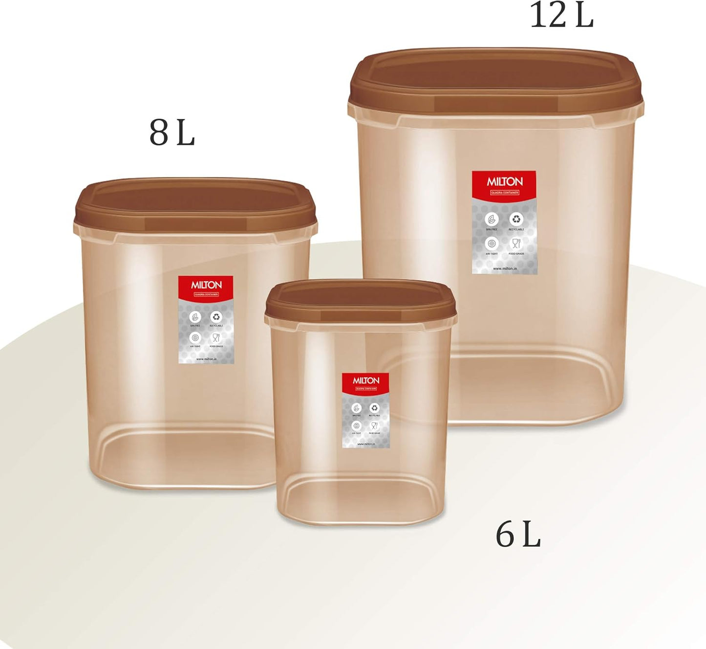 MILTON Plastic Quadra Storage Container, Set Of 3, (6000 Ml, 8000 Ml, 12000 Ml), Brown | Air Tight | Stackable | Multipurpose | Kitchen Organizer | Bpa Free | Easy To Clean | Dishwasher Safe