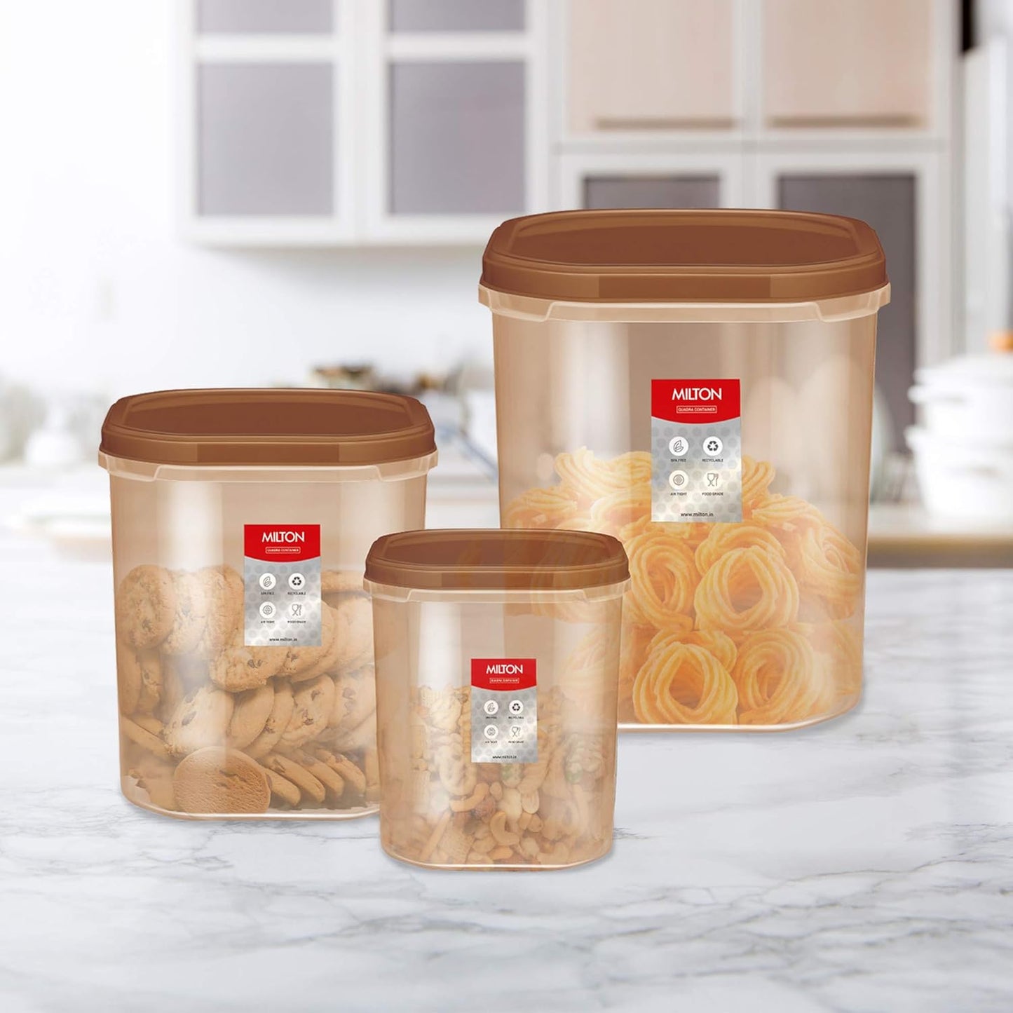 MILTON Plastic Quadra Storage Container, Set Of 3, (6000 Ml, 8000 Ml, 12000 Ml), Brown | Air Tight | Stackable | Multipurpose | Kitchen Organizer | Bpa Free | Easy To Clean | Dishwasher Safe