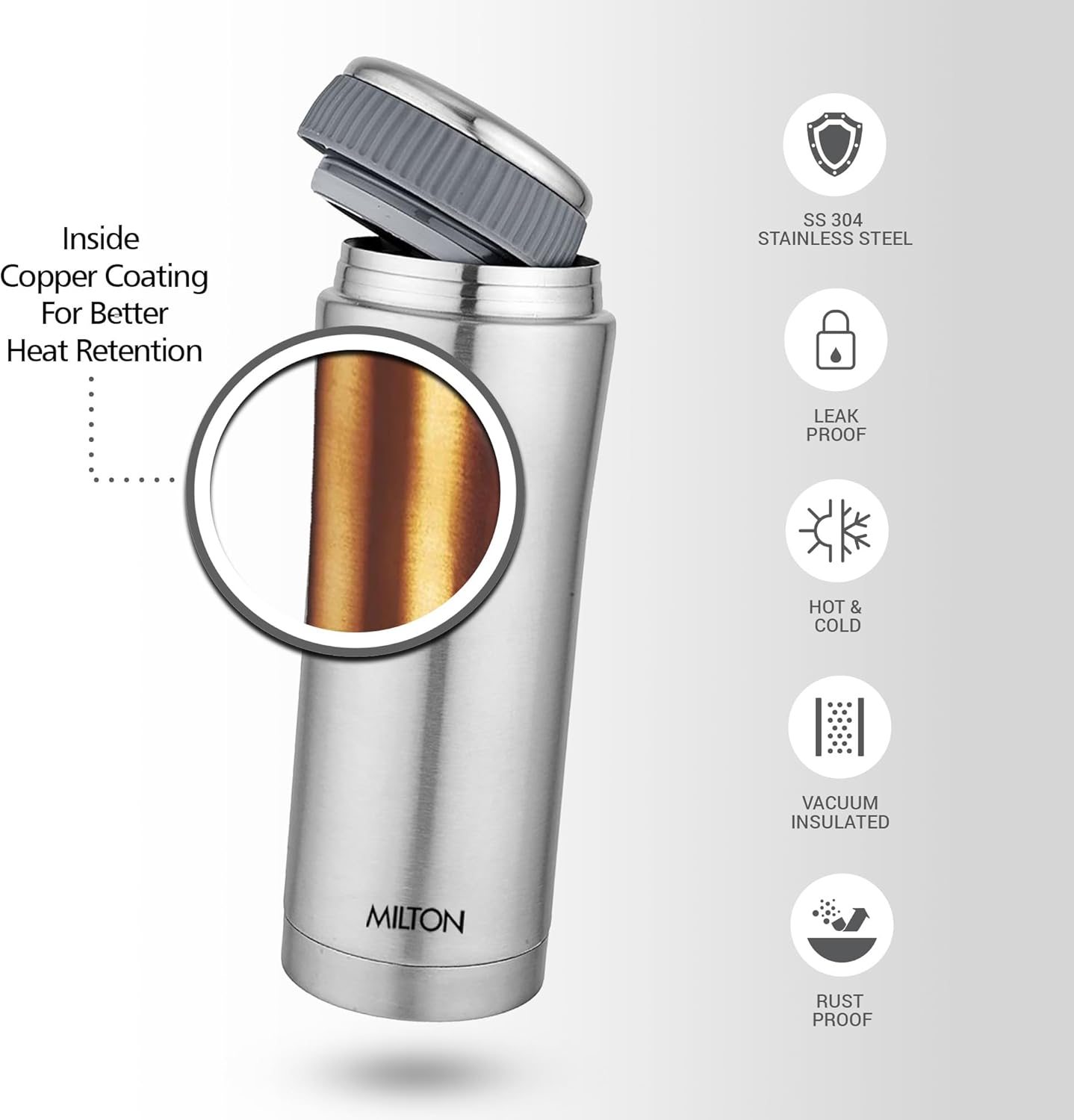 Milton Optima Double Walled Vacuum Insualted Food Flask, Soup Flask, Food Container, 420 ml | 14 oz | Hot and Cold for Long Hours, 18/8 Stainless Steel, Rust and Leak-Proof, BPA-Free | Silver