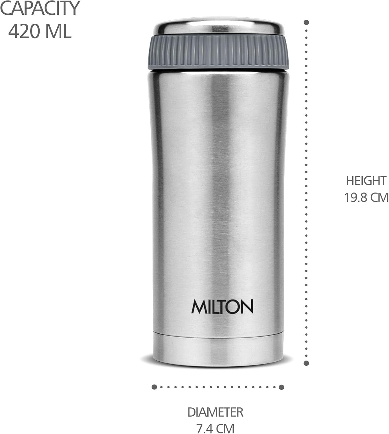 Milton Optima Double Walled Vacuum Insualted Food Flask, Soup Flask, Food Container, 420 ml | 14 oz | Hot and Cold for Long Hours, 18/8 Stainless Steel, Rust and Leak-Proof, BPA-Free | Silver
