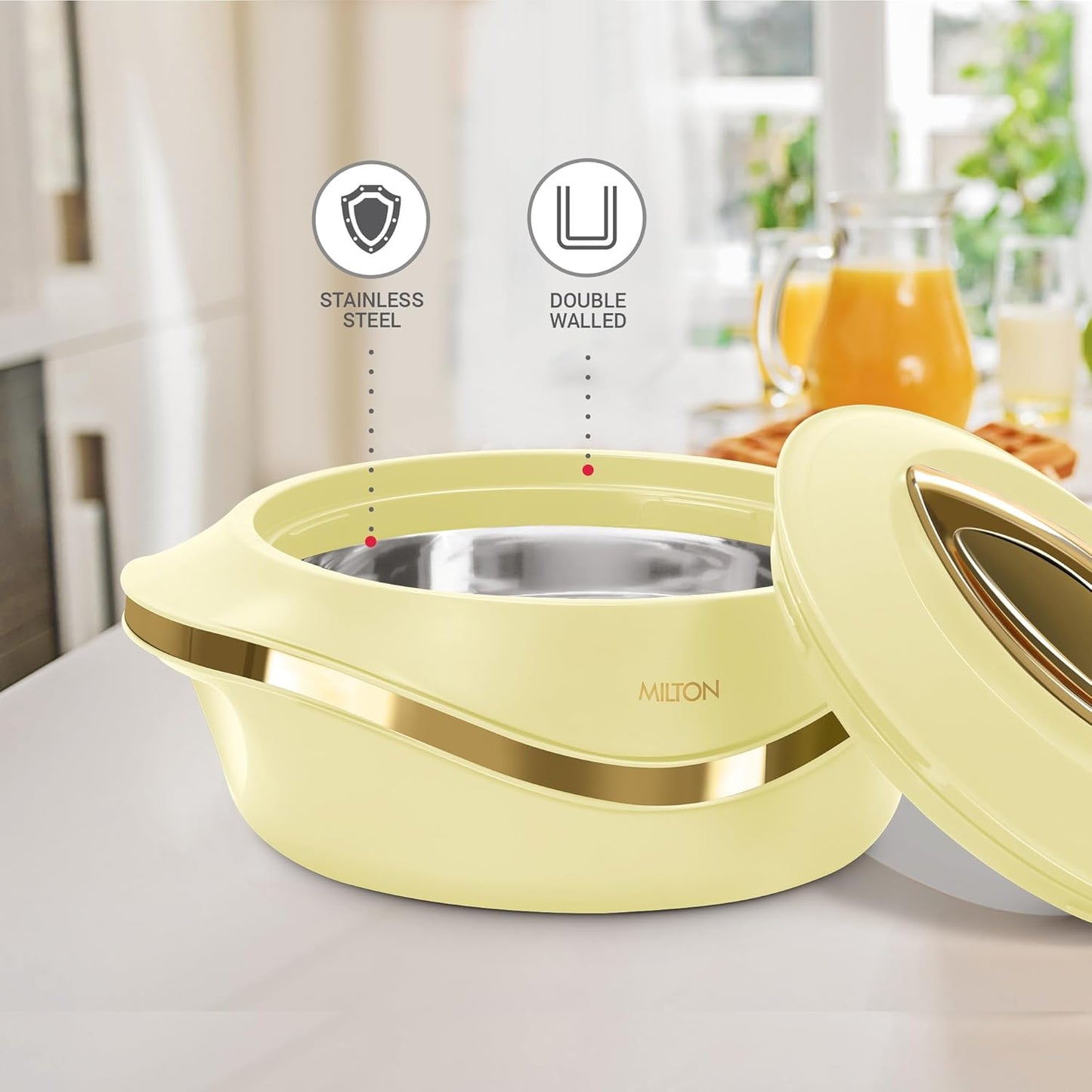 MILTON Pearl 2500 Inner Stainless Steel Casserole, 2.1 litres, Ivory | BPA Free | Food Grade | Easy to Carry | Easy to Store | Chapati | Roti | Curd Maker