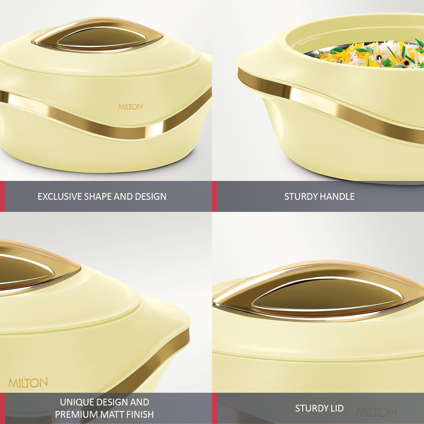 MILTON Pearl 2500 Inner Stainless Steel Casserole, 2.1 litres, Ivory | BPA Free | Food Grade | Easy to Carry | Easy to Store | Chapati | Roti | Curd Maker