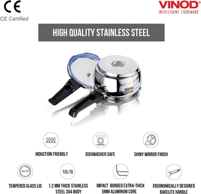 Vinod Pressure Cooker Stainless Steel – Glass Lid Handi Pot - 3.5 Liter – Indian Pressure Cooker – Stove Top Sandwich Bottom – Best Used For Indian Cooking, Soups, and Rice Recipes, Quinoa