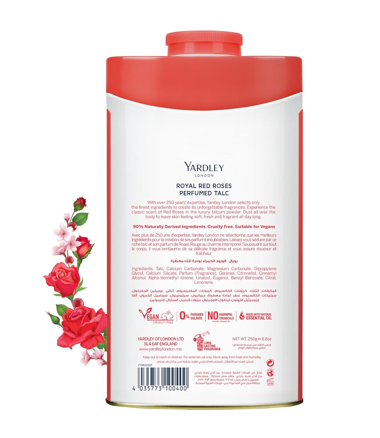 Yardley London Perfumed Talc, Red Roses, 8.8 oz, 250 g