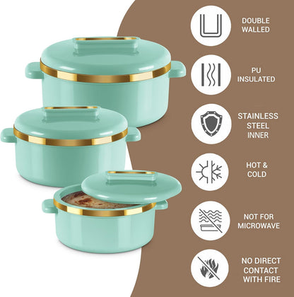 Milton Curve Regular Inner Stainless Steel Casserole Set of 3 (840 ml, 1300 ml, 1880 ml), Light Green | BPA Free | Food Grade | Easy to Carry | Easy to Store | Chapati | Roti | Curd Maker
