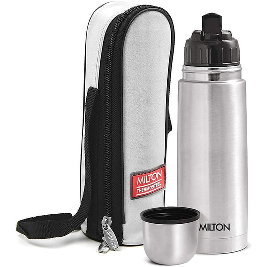 Milton Thermosteel Flip Lid Flask 350, Double Walled Vacuum Insulated 350 ml | 12 oz | 24 Hours Hot and Cold Water Bottle with Cover, 18/8 Stainless Steel, BPA Free, Food Grade, Leak-Proof | Silver