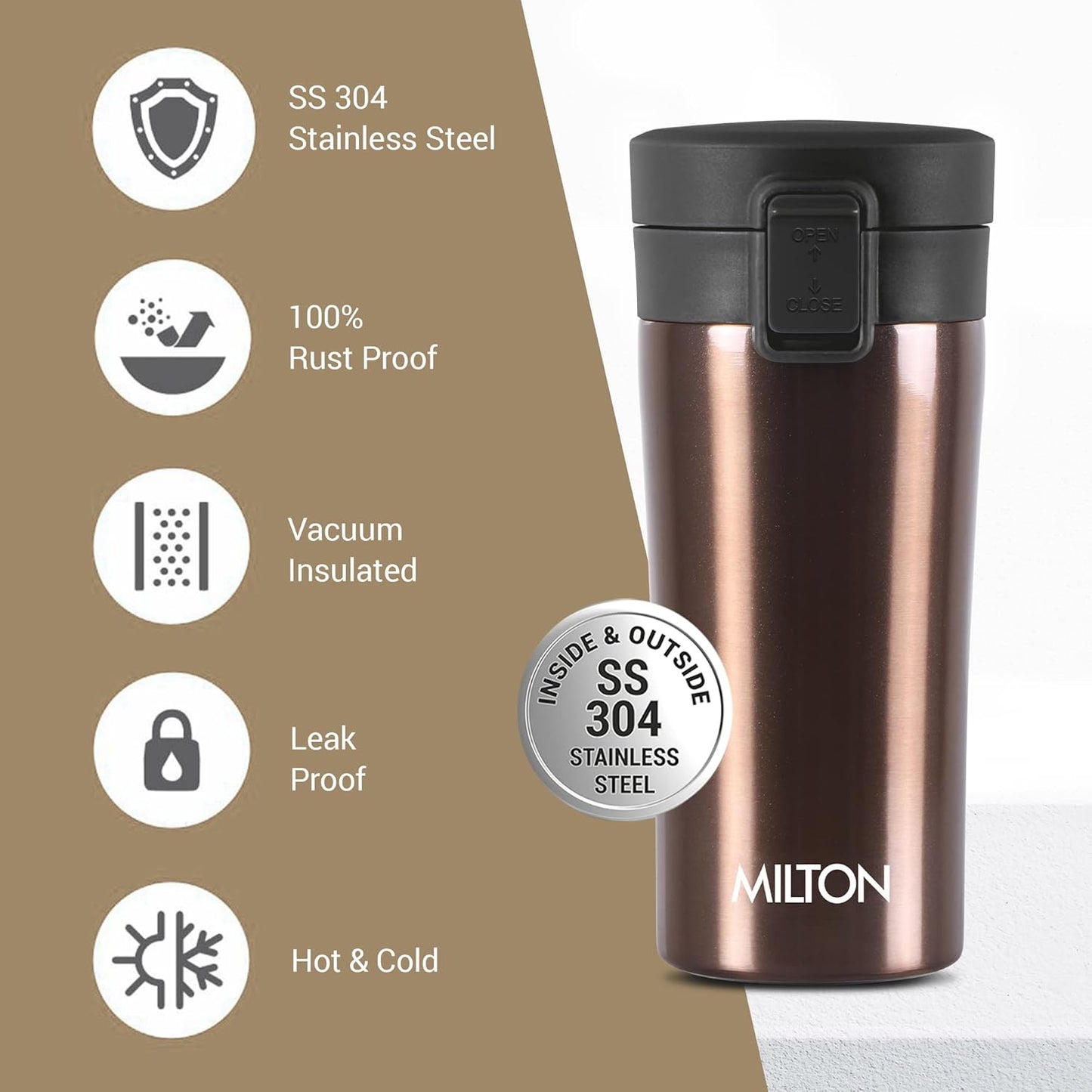 Milton Thermosteel Vacuum Insulated Coffee Mug, 300 ml, Hot & Cold Flask | Leak Proof | Rust Proof | Thermos | Soup Flask | Juice Mug | Water Flask | Tea Mug