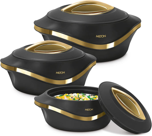 MILTON Pearl Inner Stainless Steel Regular Set of 3 (1000 ml, 1500 ml,2000 Litre), Black | BPA Free | Food Grade | Easy to Carry | Easy to Store | Chapati | Roti | Curd Maker
