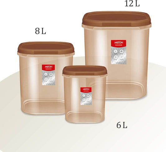 MILTON Plastic Quadra Storage Container, Set Of 3, (6000 Ml, 8000 Ml, 12000 Ml), Brown | Air Tight | Stackable | Multipurpose | Kitchen Organizer | Bpa Free | Easy To Clean | Dishwasher Safe