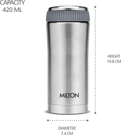 Milton Optima Double Walled Vacuum Insualted Food Flask, Soup Flask, Food Container, 420 ml | 14 oz | Hot and Cold for Long Hours, 18/8 Stainless Steel, Rust and Leak-Proof, BPA-Free | Silver
