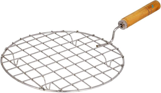 Round Grill / Wire Steaming Baking Barbecue Rack Round wire Roaster Rack Roaster Rack, Wooden Handle / Best for Grilling / Best for Papad, Chapati, Roti, Tortilla - SKR Brand