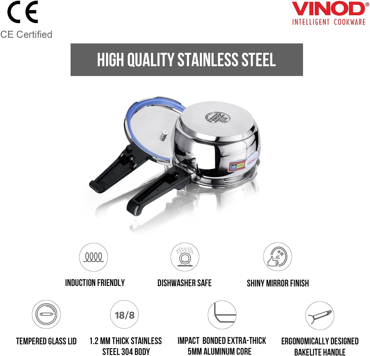 Vinod V-2L Stainless Steel Sandwich Bottom Pressure Cooker, 2-Liter,Silver,Medium