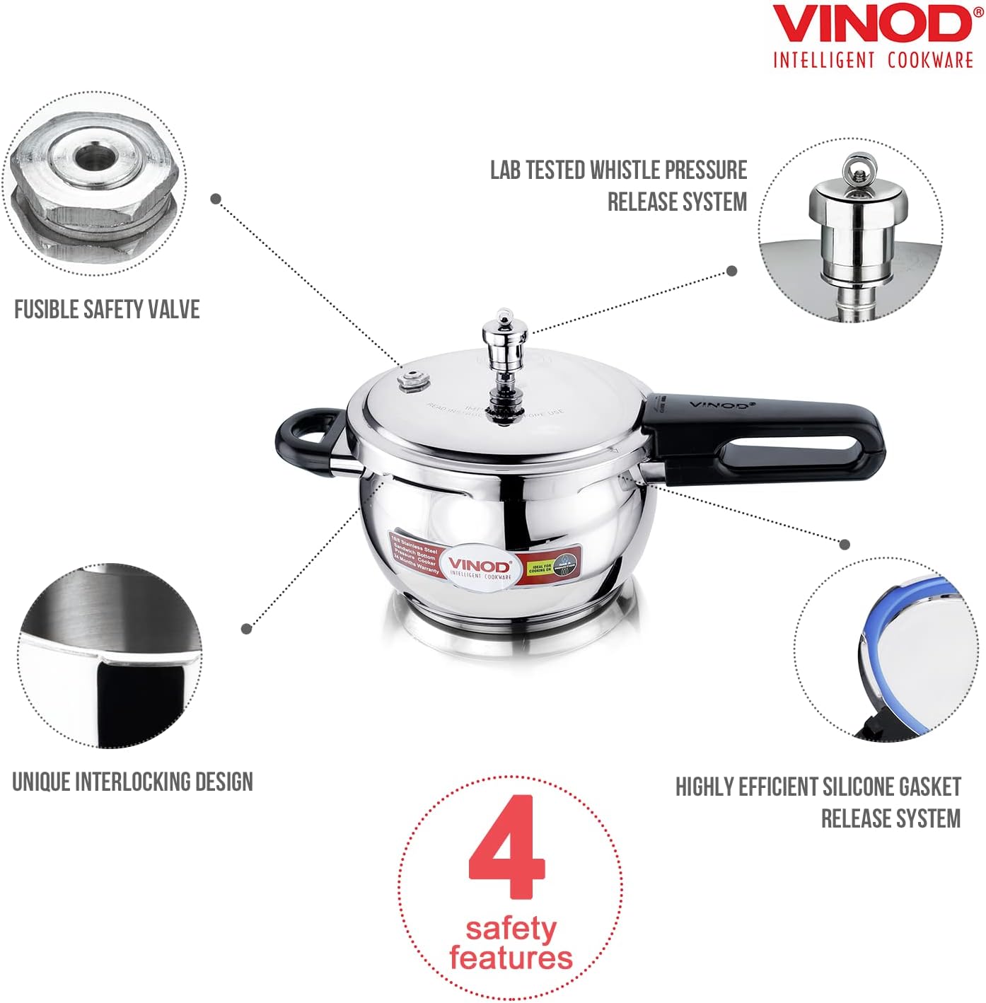 Vinod V-2L Stainless Steel Sandwich Bottom Pressure Cooker, 2-Liter,Silver,Medium